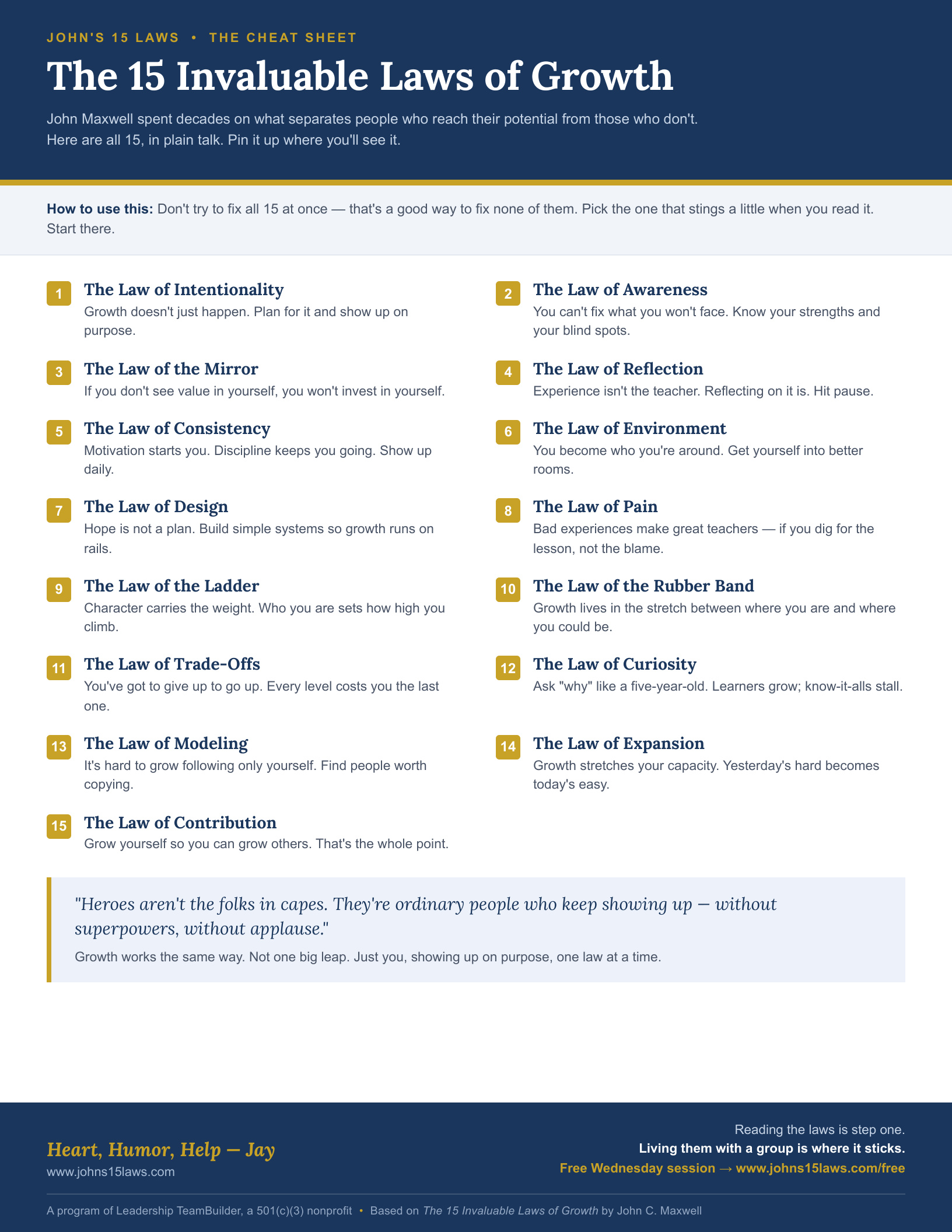 The 15 Laws of Growth cheat sheet, a single page listing all fifteen Laws with a one-sentence summary of each